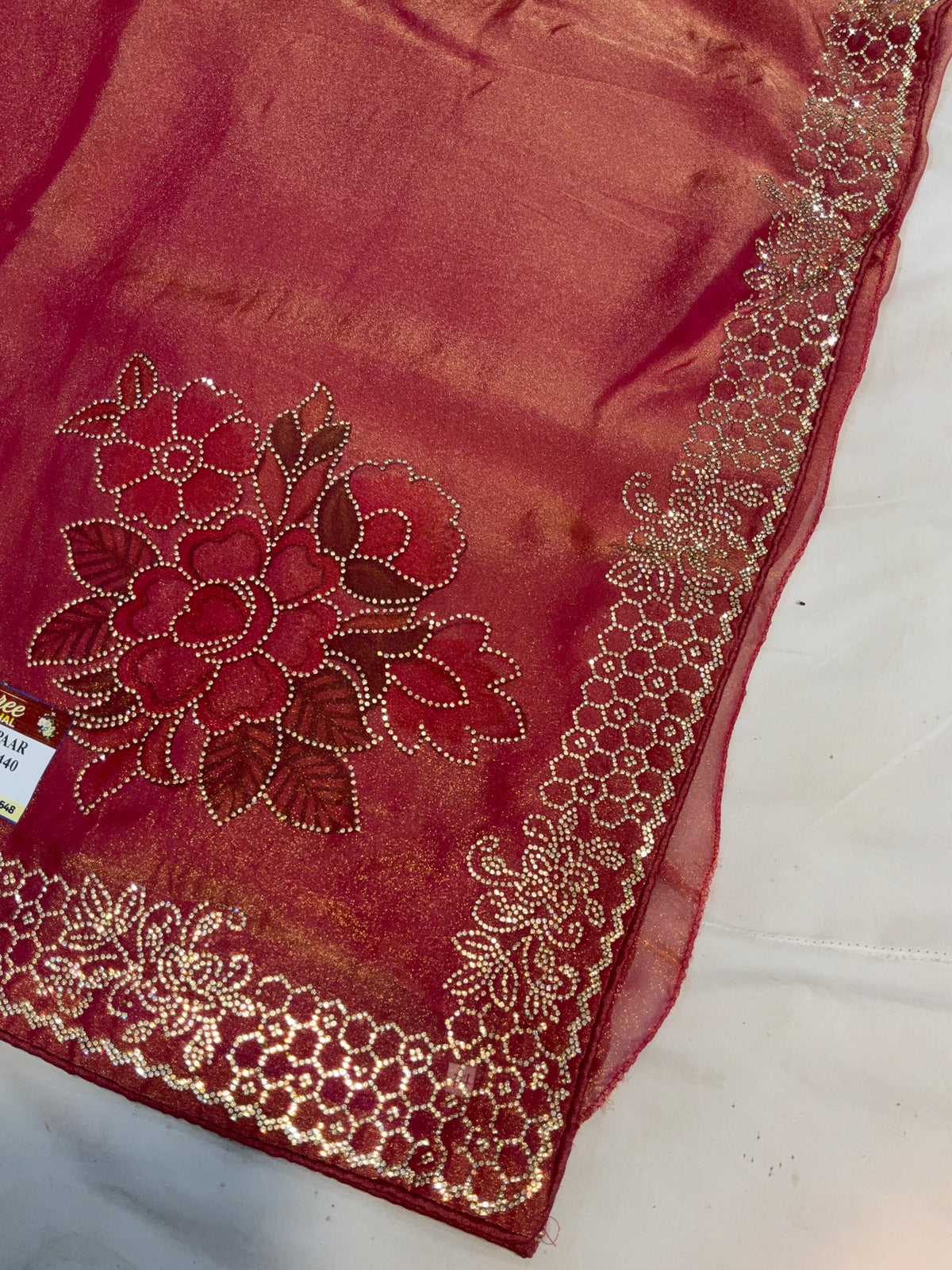 Embellished Metallic Silk Saree with Floral Mot