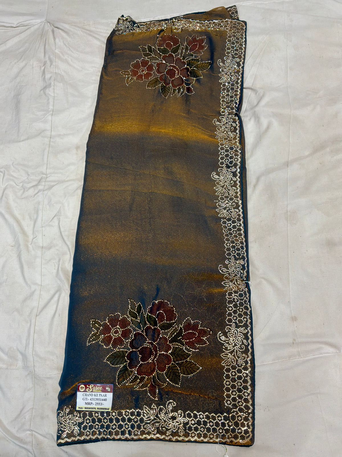 Embellished Metallic Silk Saree with Floral Mot
