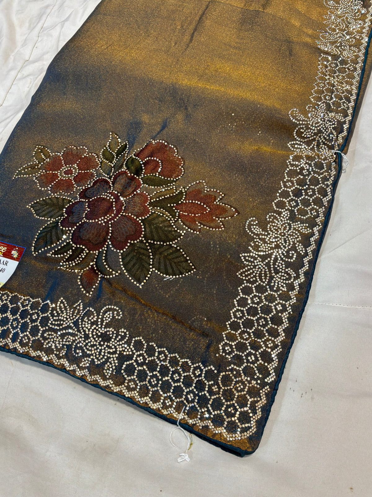 Embellished Metallic Silk Saree with Floral Mot