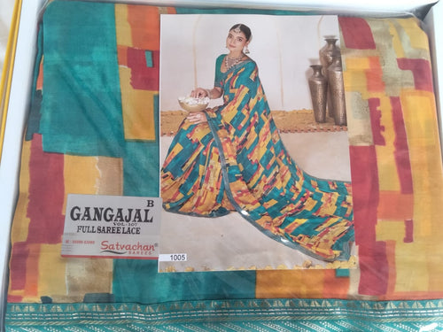 A packaged Gangajal full saree lace fabric by Satvachan, featuring a multicolor pattern with teal, yellow, orange, and red blocks, alongside a model photo of a woman wearing the saree.